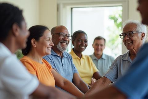 Smiling Ugandan adults and seniors participating in a supportive physical therapy session